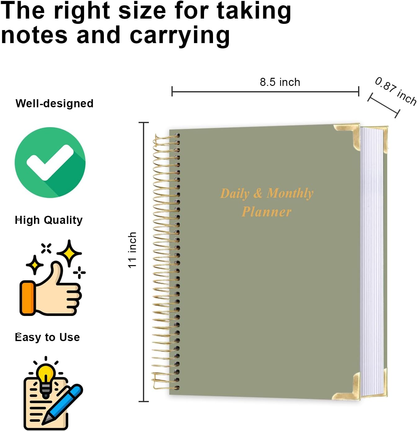 Undated Daily Monthly Planner for 2025 2026 - A4 To Do List with Hourly Schedule, Hardcover Spiral Bound Daily Planner to Increase Focus, Stylish School/Office Supplies, 8.5" x 11", Green