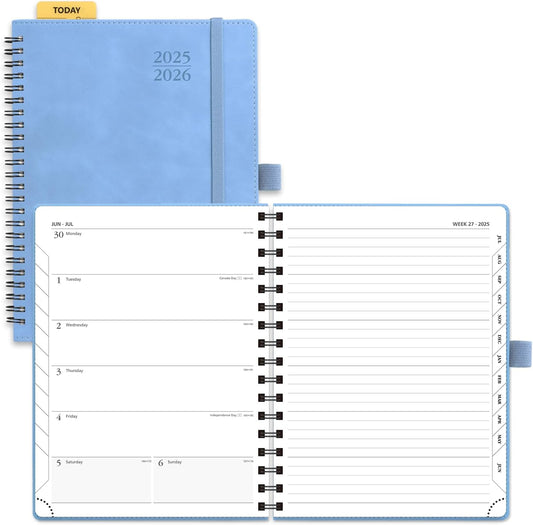 POPRUN Planner 2025-2026 Weekly Notebook (Medium 8.5''x 6.5''), Academic Calendar (JUL.25 - JUN.26) Appointment Book with Monthly Tabs, Spiral Soft Cover, Inner Pocket, 100 GSM - Cerulean Blue