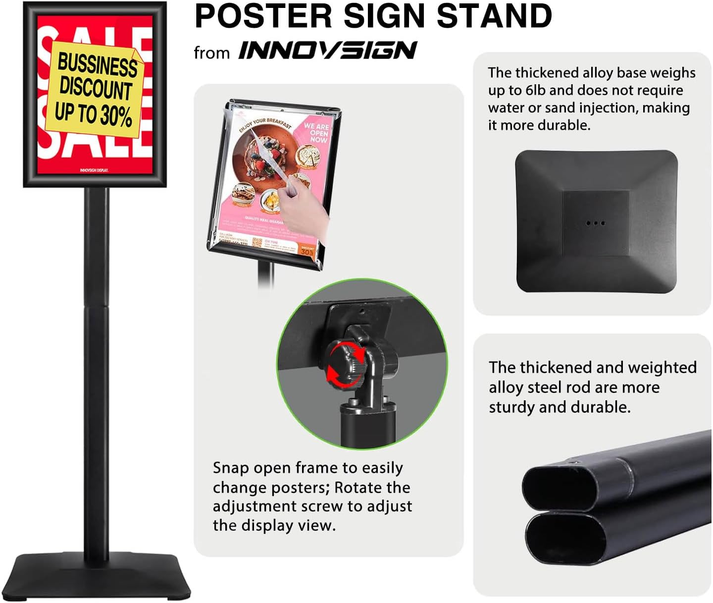 Heavy Duty Adjustable Pedestal Poster Sign Stand, 8.5x11 Aluminum Open Floor Standing Sign Holder for Vertical and Horizontal View Display (8.5x11,Black)