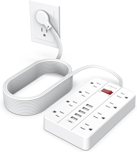 15ft Extension Cord Long Power Strip,AOFO 8 Widely-Spaced Outlets & 6 USB Ports Flat Plug Power Strip,Power Cord for Wall Mountable and Desktop White