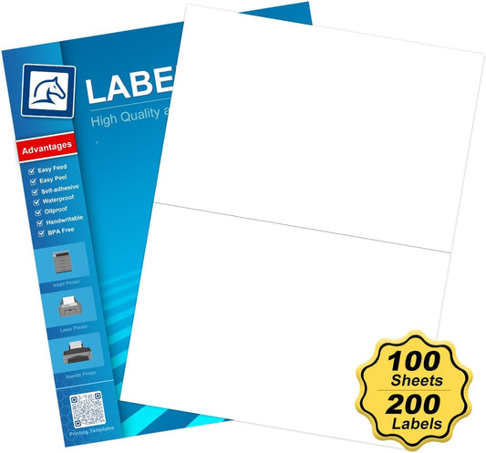 Half Sheet Self Adhesive Shipping Labels for Laser & Inkjet Printers 8.5" x 5.5", White Blank Mailing Labels Strong Adhesive Sticker Labels (100 Sheets,200 Labels) （HB-R002）