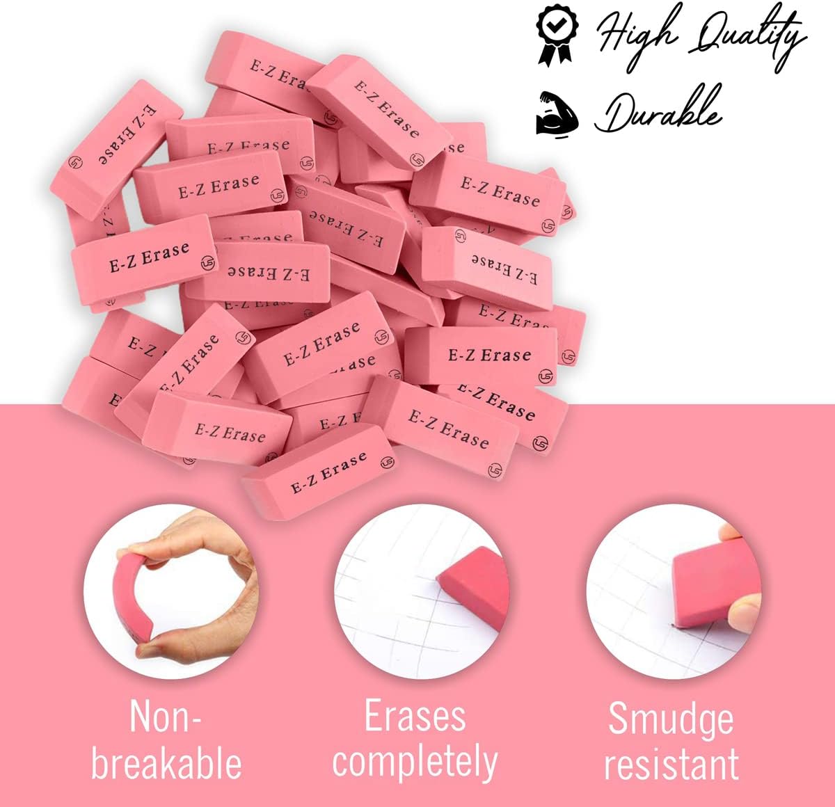 Pink Erasers, 60 Count Rectangular Eraser Bulk Pack, Latex Free Pink Pearl Erasers for School Supplies, Art and Office