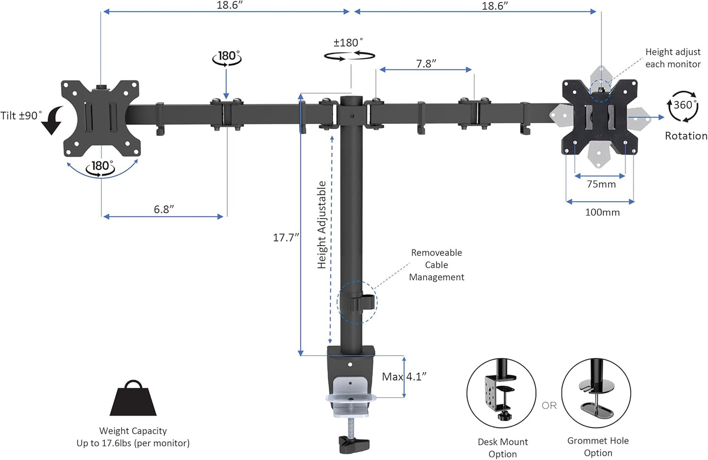 Rocelco 45" Height Adjustable Standing Desk Converter with Dual Monitor Mount and Slide Out Retractable Keyboard Tray - Sit Stand Up Triple Screen Tabletop Riser Workstation - Black (R ADRB-45-DM2)