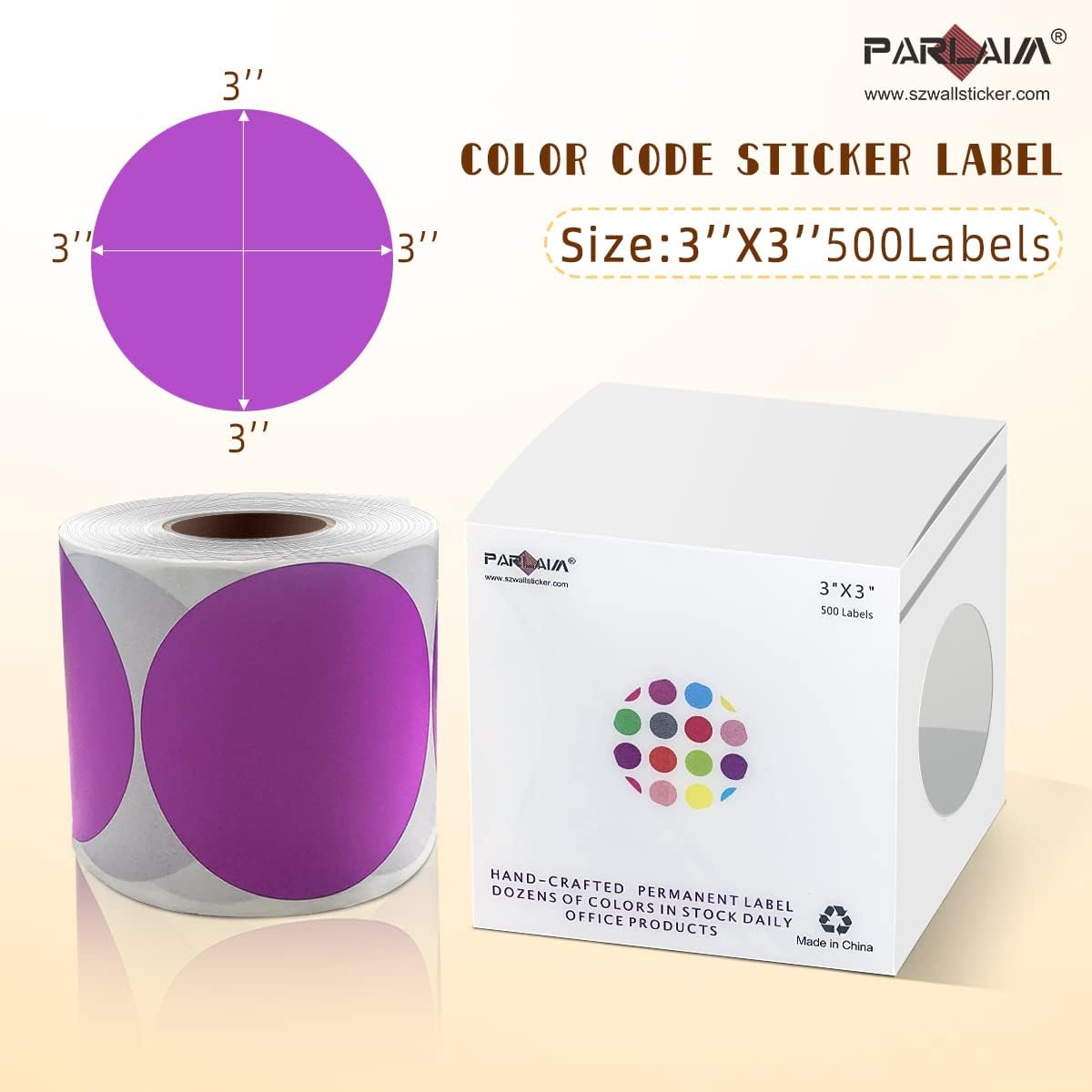 PARLAIM 3 X 3 inch Permanent Color Code Dot Stickers, 500pcs 3" Round Color Coding Circle Labels per Roll in Dispenser Box for Inventory Box, Purple