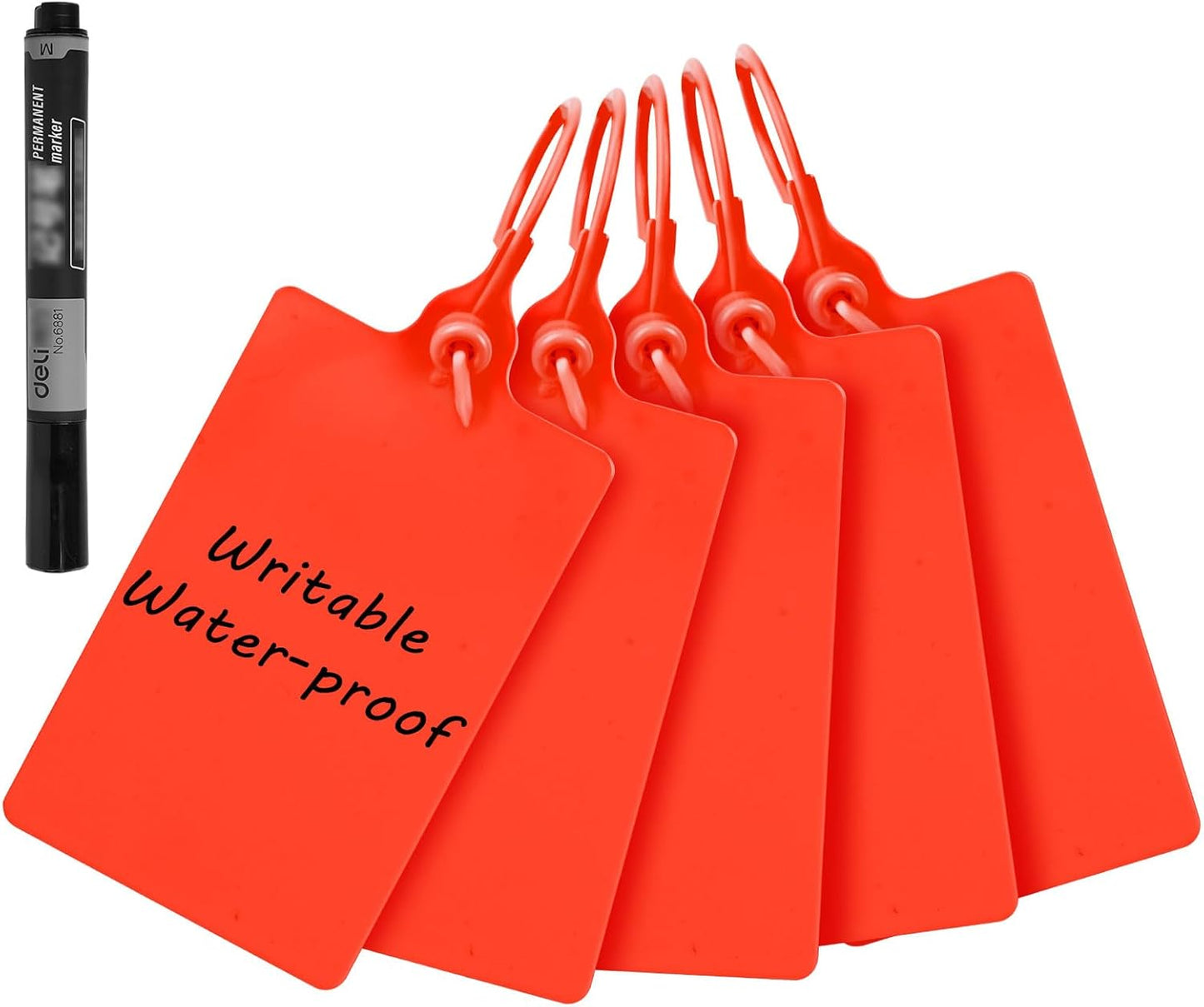 100 Plastic Waterproof Shipping Tags - Writable Marker Ties, Hanging Security Tamper Seals for Labeling and Storage - With One Marker Pen (Red)