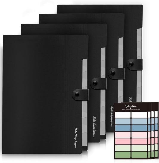 SKYDUE Expanding File Folders with Labels,8 Pockets Accordion File Organizer, Portable Document Paper Organizer, A4 Letter Size Filing Folder for Office, Pack of 4, Black