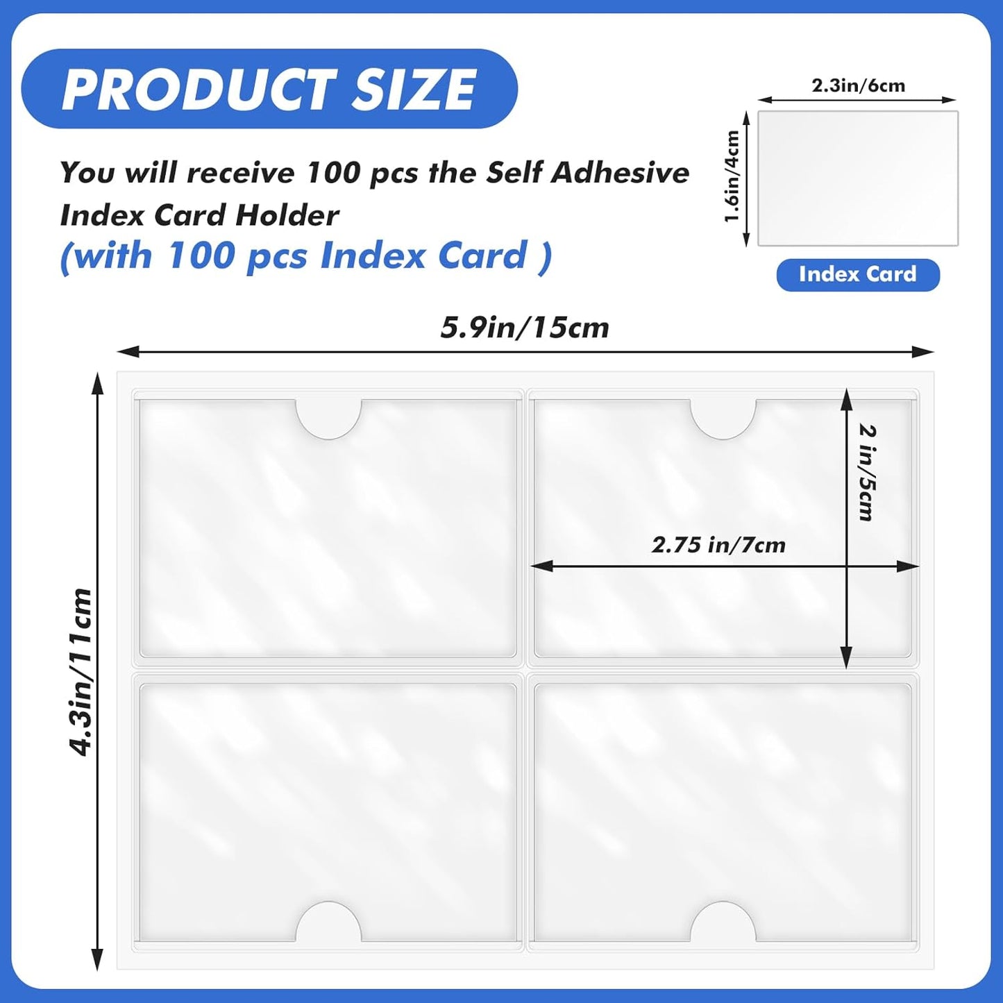 Circloophs 100 Packs Self Adhesive Index Card Pockets with Index Card, 1.9”x 2.7” Adhesive Label Holders – Plastic Clear Adhesive Label Pockets for Storage Bins, Locker, Shelves, Library, Office