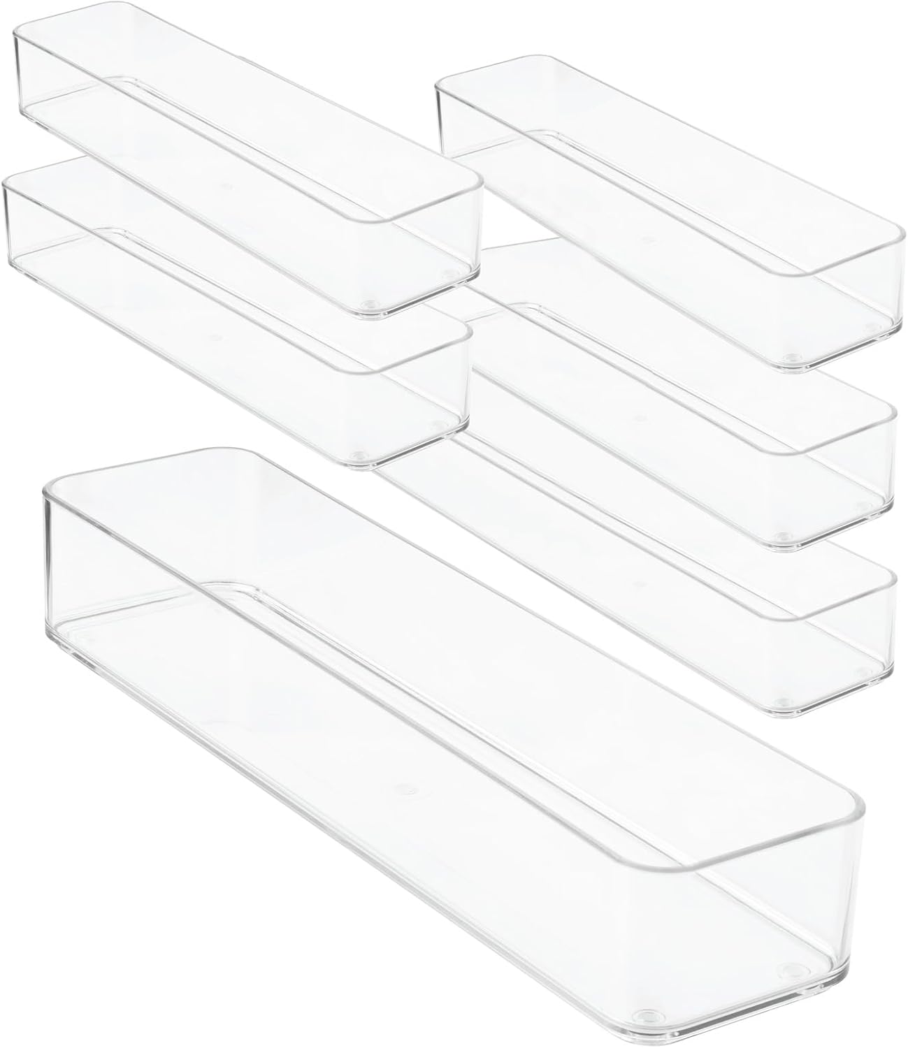 Plastic Clear Drawer Organizers. Bathroom, Kitchen, Bedroom, Gadgets, Office Organizer Bins, Storage Trays. Heavy Duty, Stackable. 12" x 3" x 2" Set of 6
