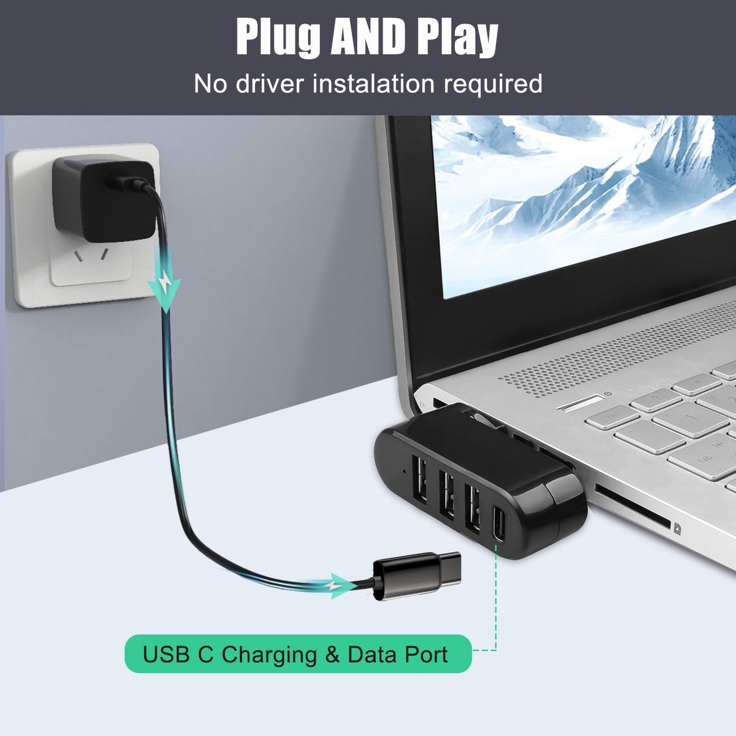 VIENON 4-Port USB 3.0 Hub [90°/180° Degree Rotatable], USB Splitter with PD-in 5W USB C Port, USB Extender for Laptop, Car, iMac, MacBook Air, MacBook Pro, and More