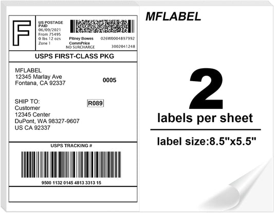 MFLABEL Half Sheet Label Laser/Ink Jet USPS UPS FedEx Shipping Label 8.5 x 11 Inches Packaging Labels, Address Labels for Laser & Inkjet Printers, 5000 Count(2500 Sheets)