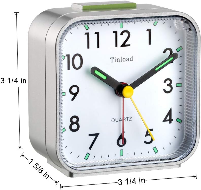 Small Battery Operated Analog Travel Alarm Clock Silent Non Ticking,Gentle Wake, Ascending Beep Sounds, Snooze,Lighted on Demand,Easy Set (Silver)