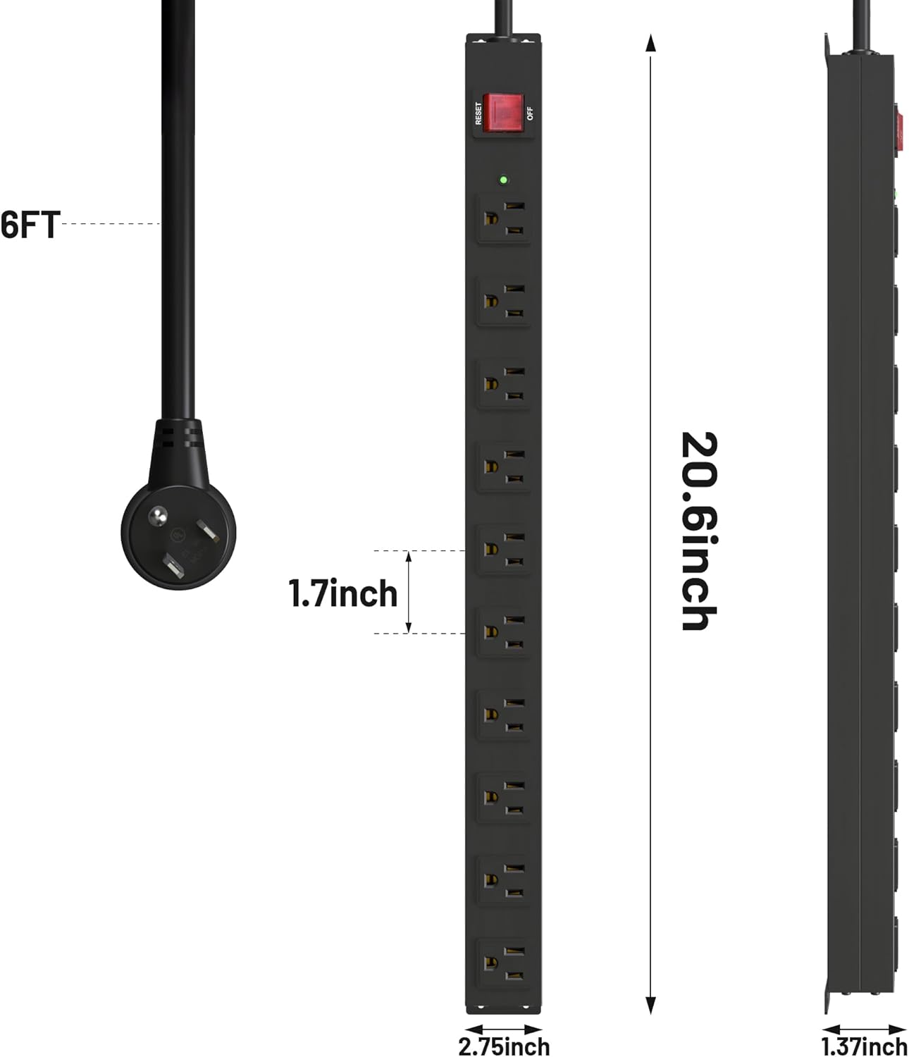 KF 10 Outlet Long Power Strip, Heavy Duty Surge Protector with 2100J, 15A/1875W Wall Mount Power Strip with Upgraded Switch, 6FT Extension Cord, Black