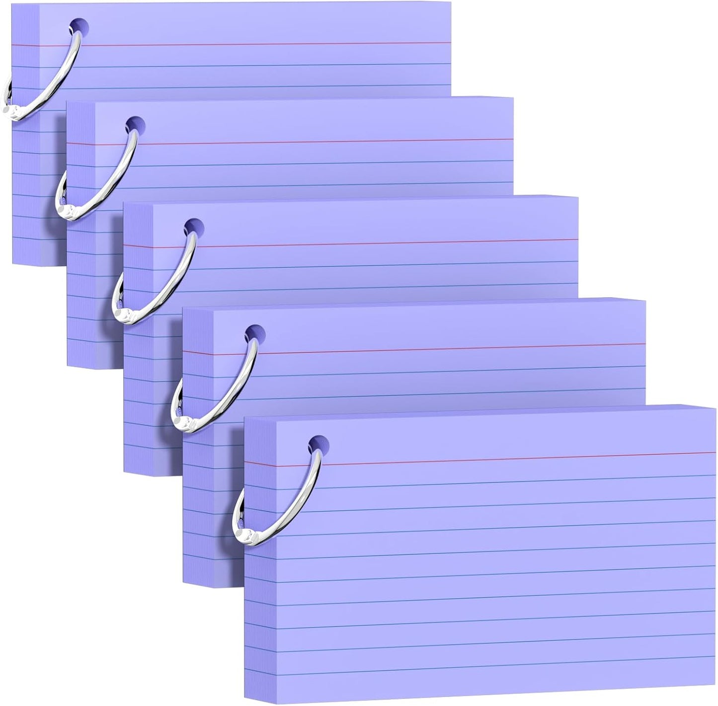 250 Count Purple Index Cards 3x5 Inch with Key Ring, Color Flash Index Card (50 Sheets Each), Durable & Portable Note Taking for Students, Teachers, Study Note Cards for Office Home School