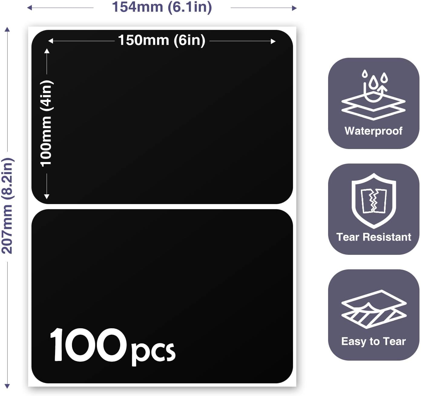 100Pcs Large Black Labels for Storage Bins,6x4 Inch Removable Labels,Large Labels for Blank Box,Strong Adhesive Tear Resistant No Residue Blank Labels(Black)