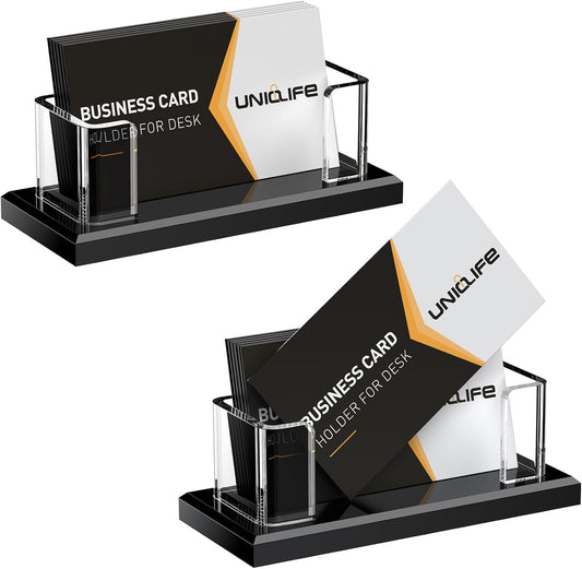 Uniclife 2 Pack Acrylic Business Card Holder for Desk 1 Slot Clear Horizontal Business Card Stand for Men & Women Desktop Name Card Display Stand Card Organizer for Office Exhibition, 60 Card Capacity