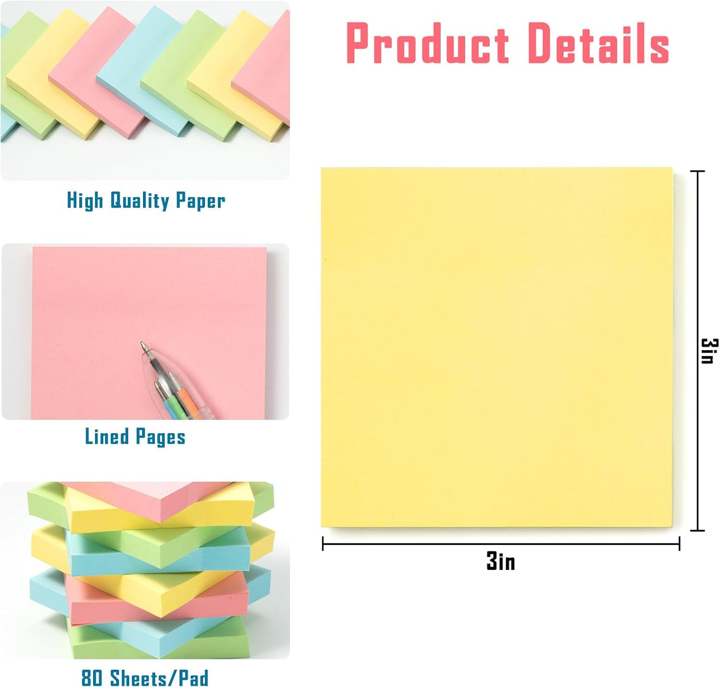 HappyHapi Sticky Notes 3x3 Inches Bulk 36 Pack 3600 Sheets Colored Self-Stick Pads, 100 Sheets/Pad, 4 Bright Colors (Yellow, Green, Pink, Blue) for Office Supplies, School, Home