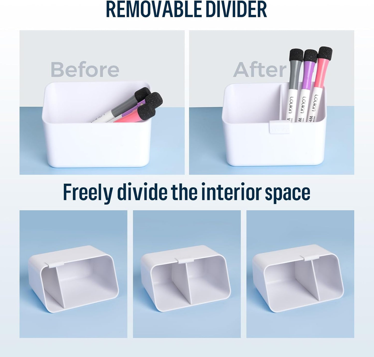 loukin Magnetic & Adhesive Dry Erase Marker Holder with Diver, 1 Small + 1 Mini, Magnetic Storage Organizer for Whiteboard or Refrigerators (White)