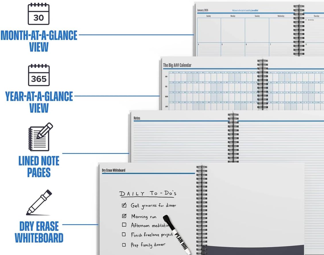 The Big A## Mid-Year Monthly Planner 2025–2026 – Mobile Desktop Calendar – Dry Erase Whiteboard – Fold-Out Design – Marker & Labels Included – 11x14" Expands to 22x14" – Blue
