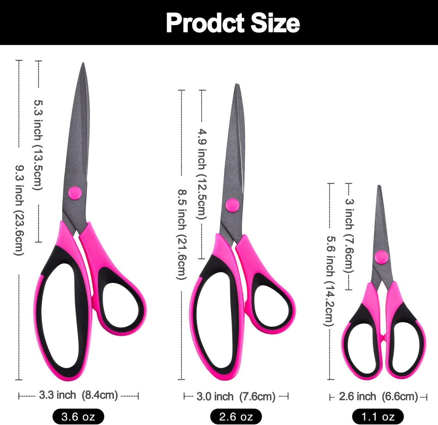 Craft Scissors Set, Sharp Scissors All Purpose Heavy Duty, Teflon Non-stick Titanium Coated, Ergonomic Grip, Ideal for Sewing Fabric DIY&Arts Scrapbook School Office Supplies, 9.3''/8.5''/5.6"