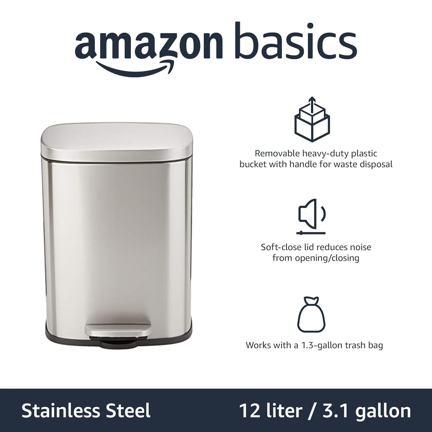 Amazon Basics Smudge Resistant Small Rectangular Trash Can With Soft-Close Foot Pedal, Brushed Stainless Steel, 12 Liter/3.1 Gallon, Satin Nickel Finish, 11.3"L x 9.9"W x 15.1"H