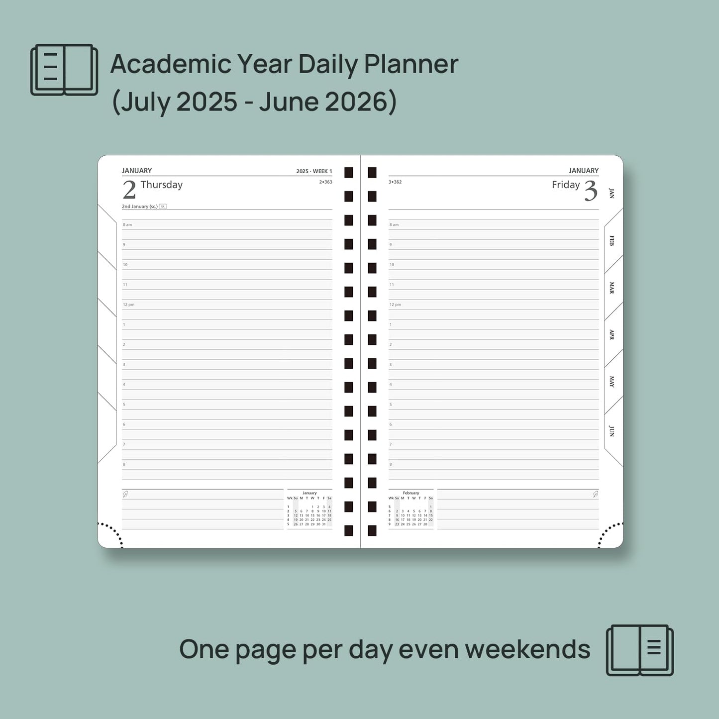 POPRUN Academic Daily Planner 2025-2026 One Page A Day - [5.75" x 8.5"- Spiral Hard Cover], Appointment Book (July 2025 - June 2026) with Monthly Calendar - Haze Blue