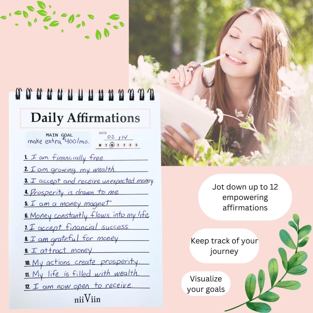 Daily Affirmations for Women - 50 Page Goals Journal, Write Your Own Positive Affirmations, Motivational Gifts for Women, 5"x7" Spiral Lined Pad, Pink, Black, White