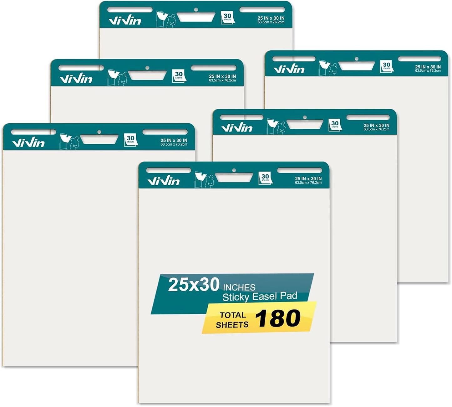 ViVin Super Sticky Easel Pad, 25 x 30 Inches Flip Chart Paper for Teachers, Large Self Stick Easel Paper, Teacher Anchor Chart, 30 Sheets/Pad, 6 Pads/Pack