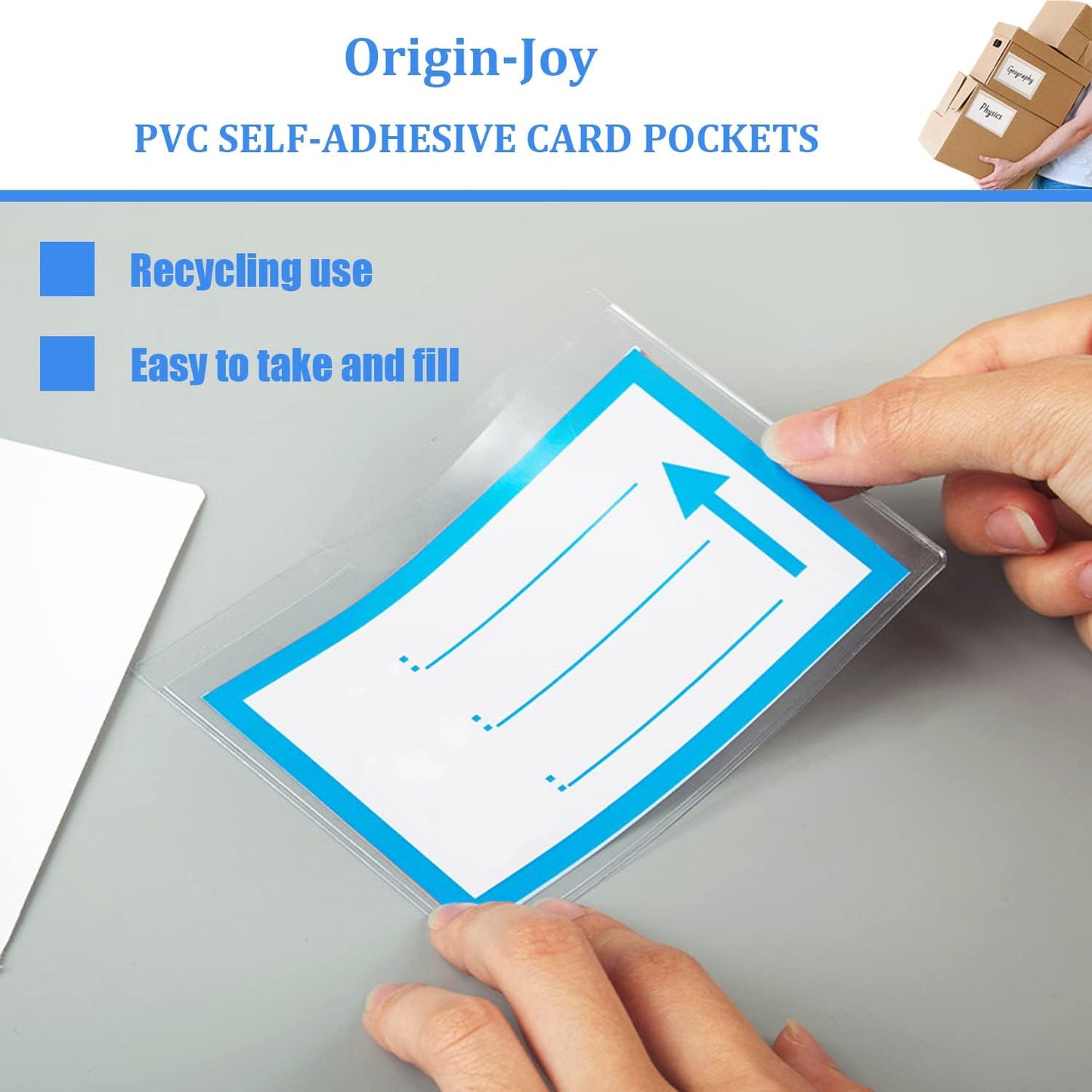 Origin-Joy 35 PCS Self Adhesive Index Card Pockets with Top Open, Clear Plastic Label Holder for Cards of Note, Library and Business, Adhesive Label Pockets & Card Holder (3 x 3 inch)