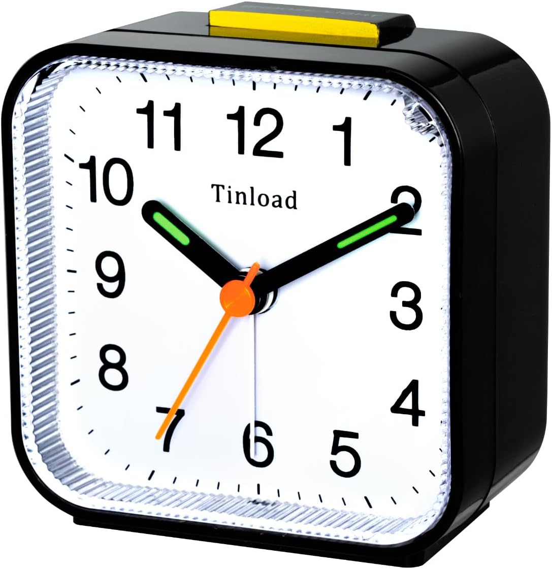 Small Battery Operated Analog Travel Alarm Clock Silent Non Ticking,Gentle Wake, Ascending Beep Sounds, Snooze,Lighted on Demand,Easy Set