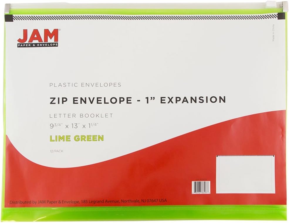 JAM PAPER Plastic Envelopes with Zip Closure - Letter Booklet - 9 3/4 x 13 - Lime Green - 12/Pack