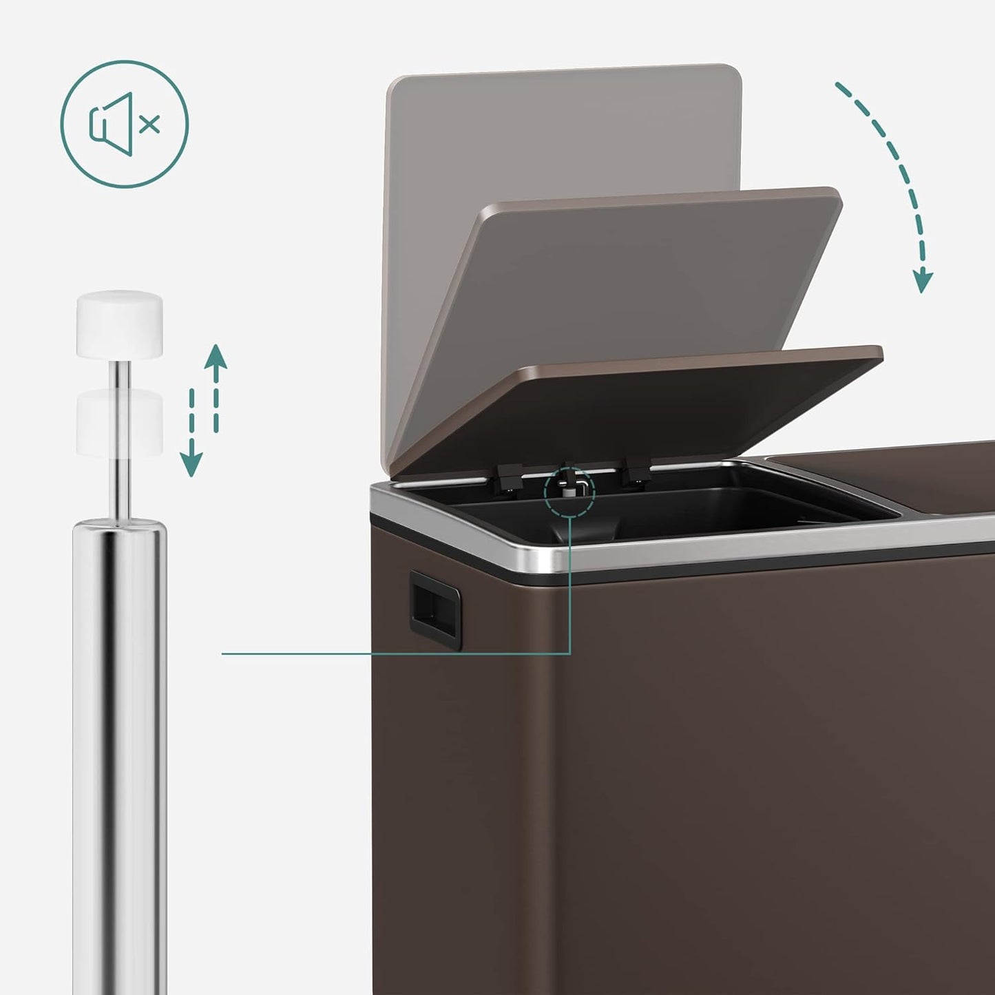 SONGMICS Trash Can, 2 x 8 Gallon (2 x 30 L) Garbage Can for Kitchen, with 15 Trash Bags, 2 Compartments, Plastic Inner Buckets and Hinged Lids, Airtight, Brown ULTB60BR