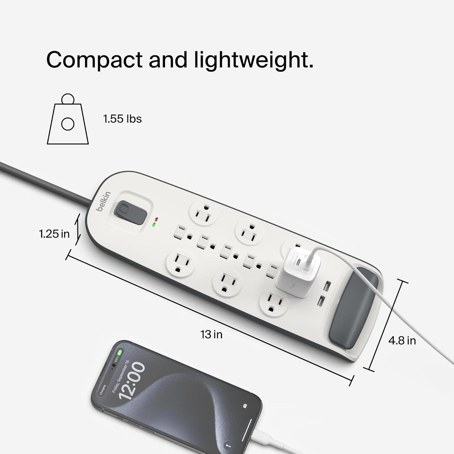 Belkin USB Power Strip Surge Protector - 12 AC Multiple Outlets & 2 USB Ports - 6 ft Long Flat Plug Extension Cord for Home, Office, Travel, Computer Desktop & Charging Brick - White (3,996 Joules)