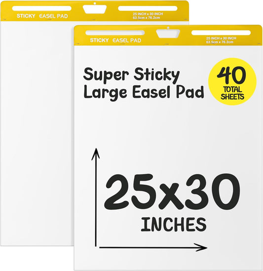 ReliThick 2 Pack Sticky Easel Pad, 25 x 30 In, White, 20 Sheets/Pad, Flip Chart Paper for Teachers, Large Sticky Chart Paper for Wall, Self Stick Easel Pad for Office School Classroom