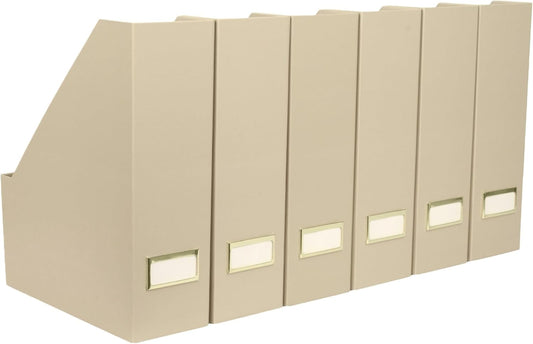 BLU MONACO Set of 6 Foldable Magazine File Holders in Taupe – Sturdy Cardboard Vertical Organizers with Label Holders – Office File Storage Box, Desk Organizer, Paperwork and Document Holder