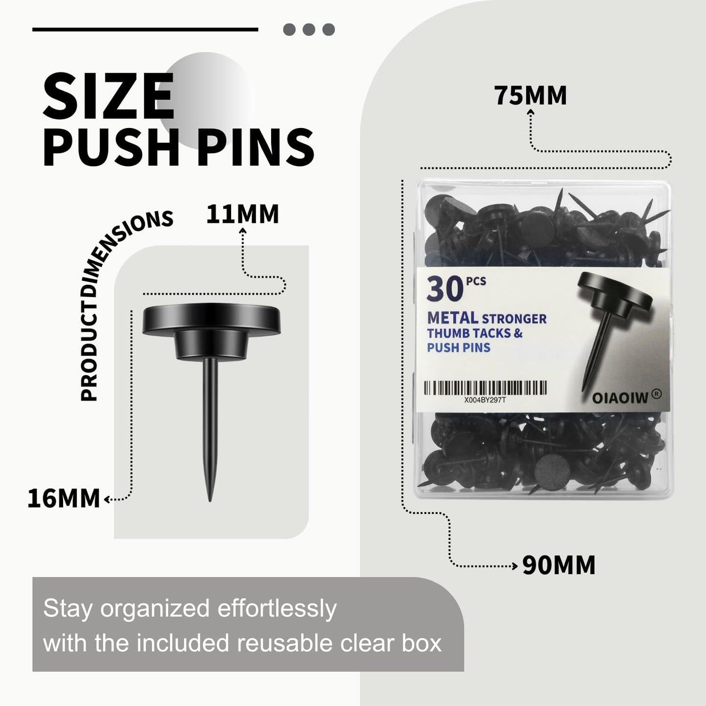 30 PCS Metal Black Push Pins for Wall Clear Thumb Tacks for Walls Flat thumbtacks Push pin for Bulletin Board Shadow Box Display Thumbtack for Cork Board
