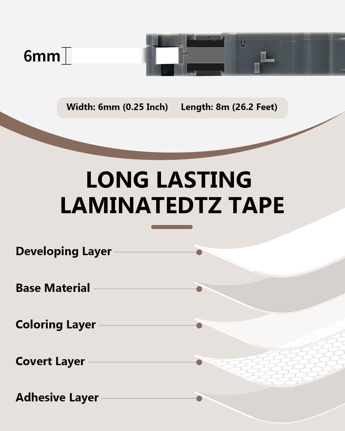 6-Pack 6mm 0.23" Multi-Color Label Tape Compatible for Brother P Touch Label Refills 1/4" Tze Tz Tape Laminated Work for PTD220 PTH100 PTH110 PTD202 PTD210, Clear/White/Red/Blue/Yellow/Green