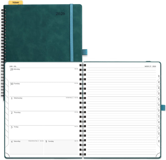 POPRUN 2026 Planner Weekly Notebook Calendar (Jan-Dec), Large Size 8.5'' x 10.5'' - Agenda 2026 Appointment Book with Monthly Tabs, Inner Pocket, Spiral Soft Cover, 100 GSM - Petrol