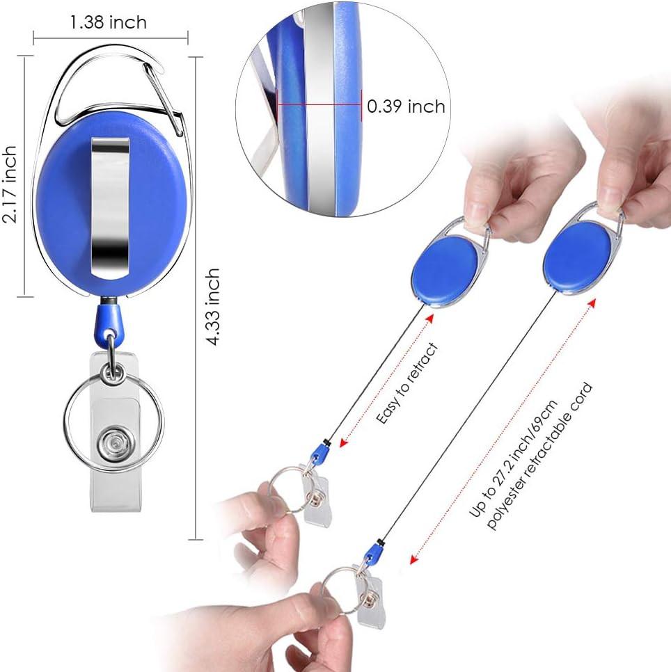 Retractable Badge Holder with Carabiner Reel Clip and Key Ring for ID Card Key Keychain Holders Blue 10 Pieces by Moever