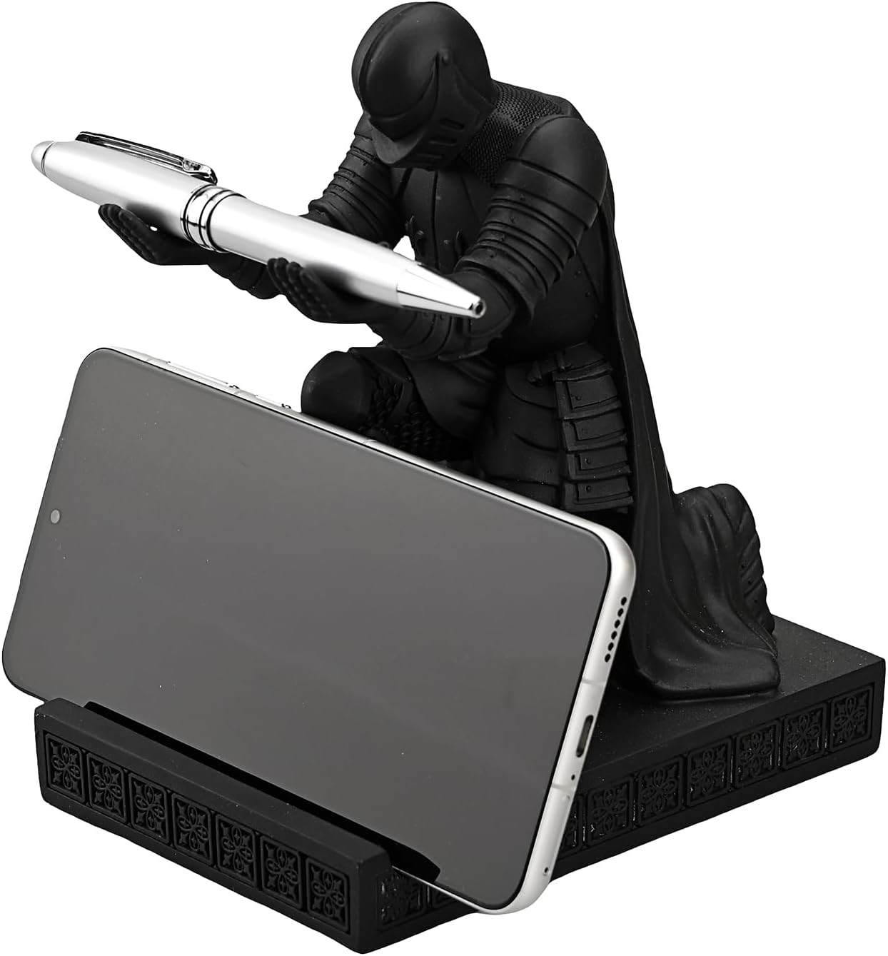 Windbreaker Soldier Knight Pen Holder Personalized Desk Accessory, Mobile Phone & Gaming Controller Holder, Device Stand Gift for Medieval Enthusiasts (Black)