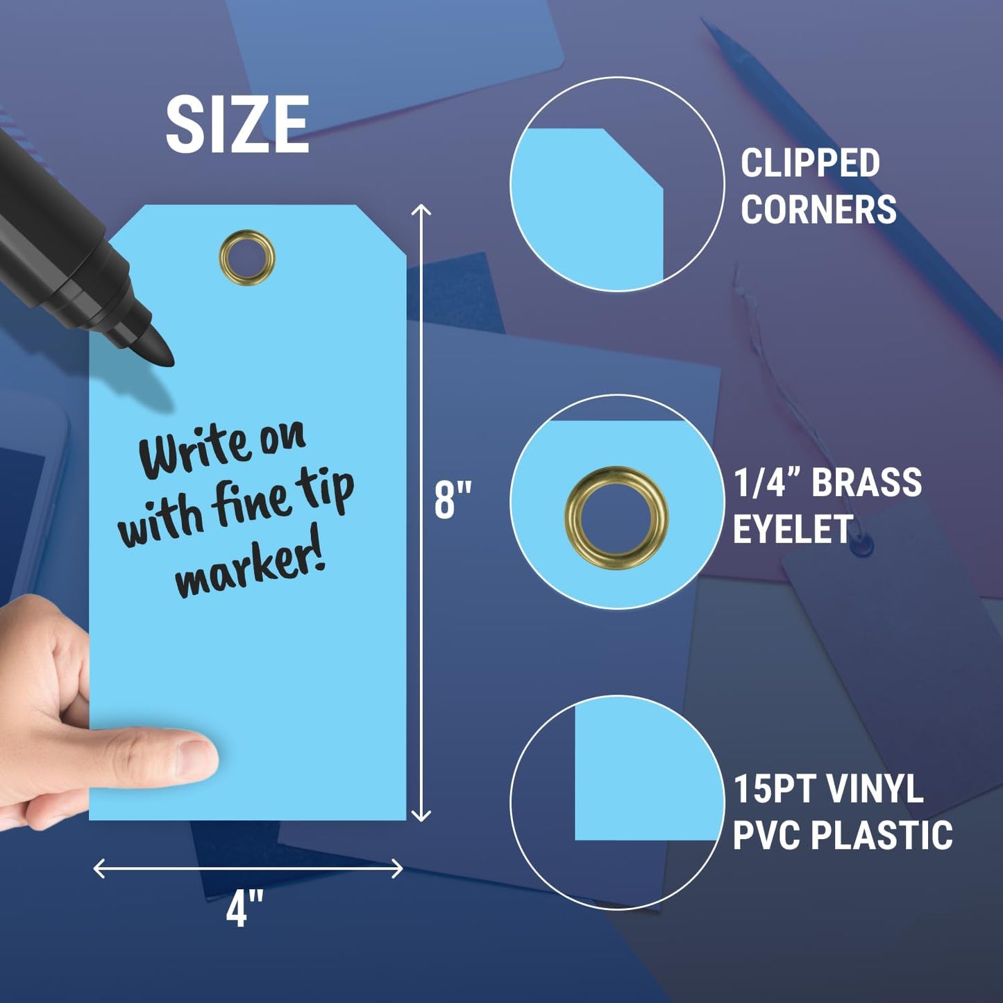 Tags 4 Less 15 Mil Waterproof Plastic Tags, Pack of 100 – 4” x 8” Heavy Duty Plastic Tags for Labeling, Outdoor Tagging, Equipment Labeling, Luggage, Valves & More (Light Blue)