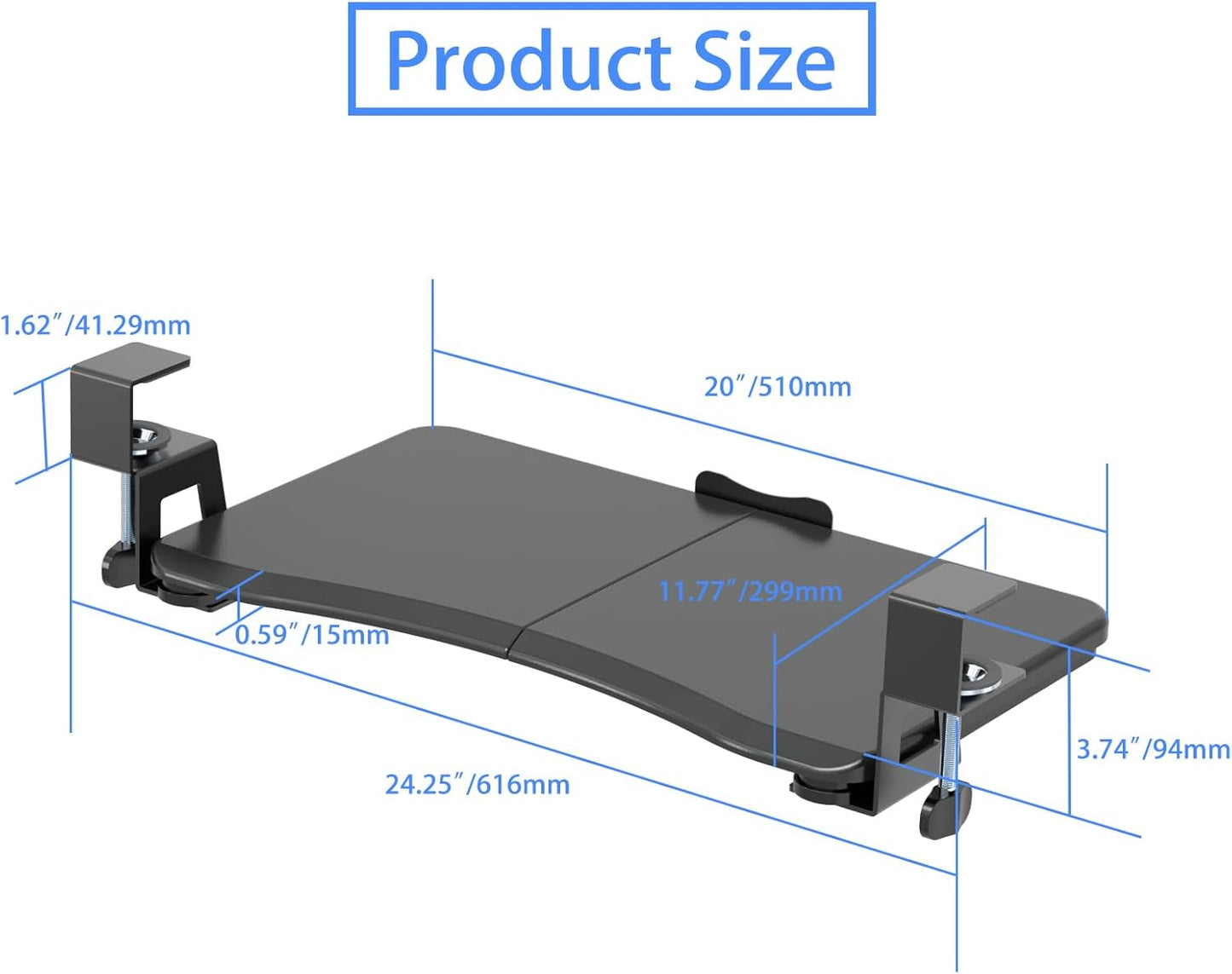 suptek Small Keyboard Tray Under Desk Pull Out with C Clamp Mount, Computer Keyboard & Mouse Tray, 20 (24.2 Including Clamps) x 11.8 inch Slide-Out Platform Computer Drawer for Typing, Black, DSF1S