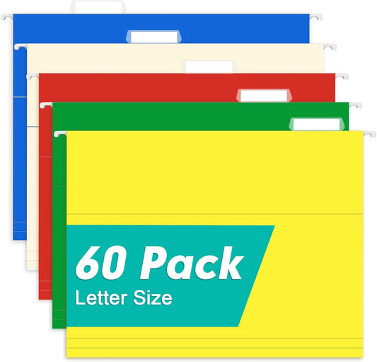 HERKKA Hanging File Folders, 60 Pack Reinforced Letter Size Hanging Folders with Heavy Duty 0 Inch Expansion, Designed for Bulky Files, Medical Charts, Adjustable Tabs, Assorted Colors