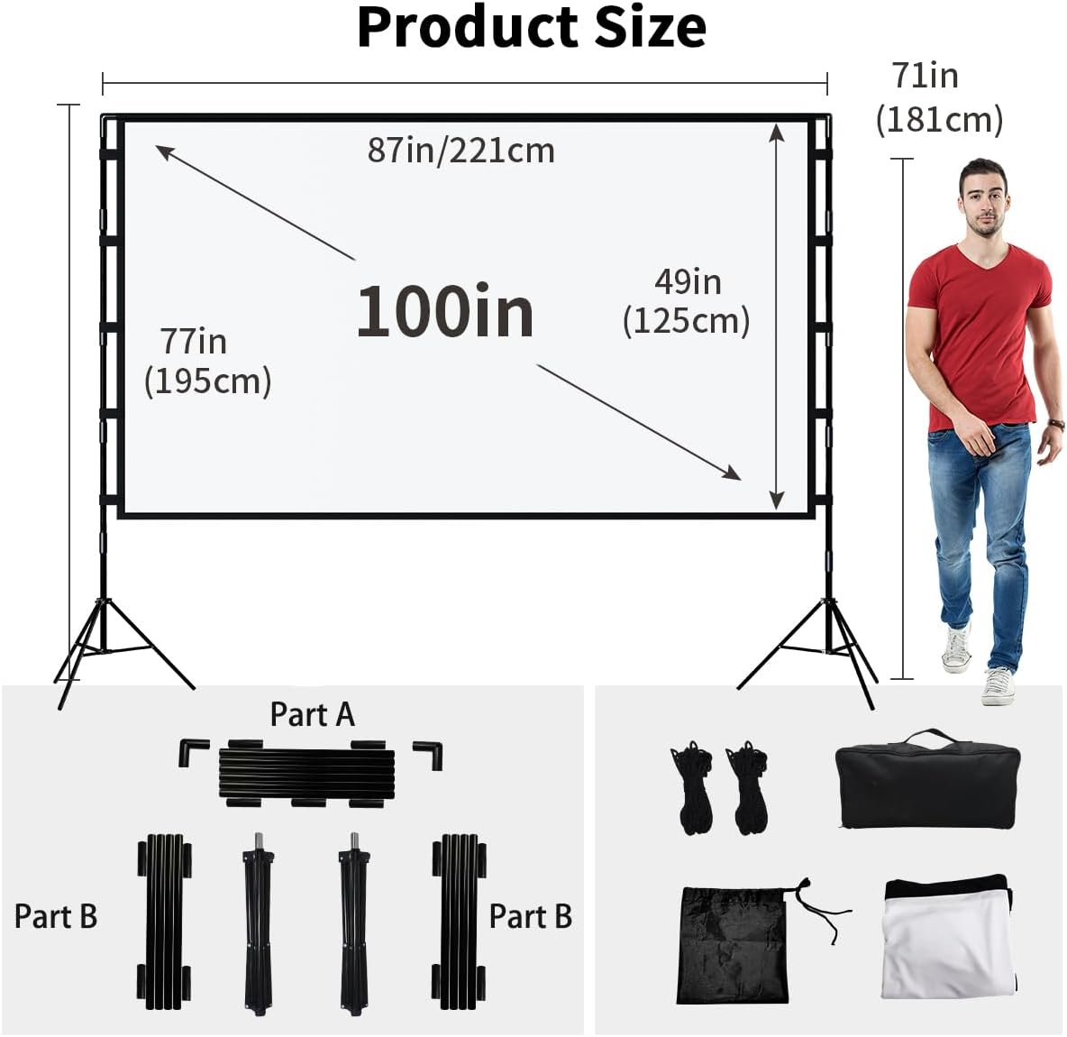 TOWOND Projector Screen with Stand, 100 inch Outdoor Projector Screen Portable Indoor Projection Screen 16:9 4K Rear Front Movie Screen with Carry Bag for Home Backyard Theater