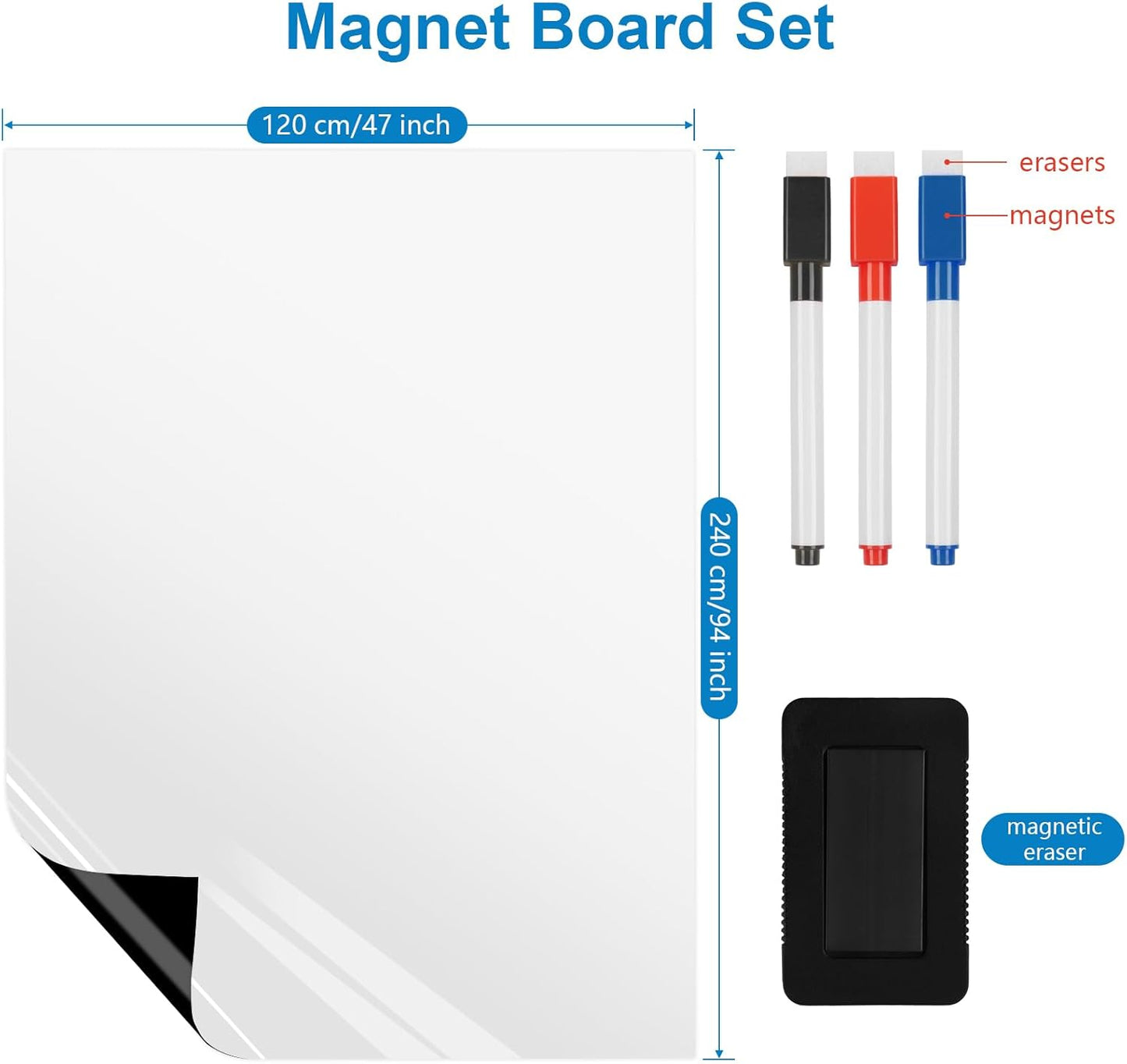 Magnetic Fridge White Board Paper, 94" x 47" Large Dry Erase Board Sheet for Organizer and Planner, Kitchen Refrigerator Whiteboard for Family to-do List, Includes Markers and Eraser
