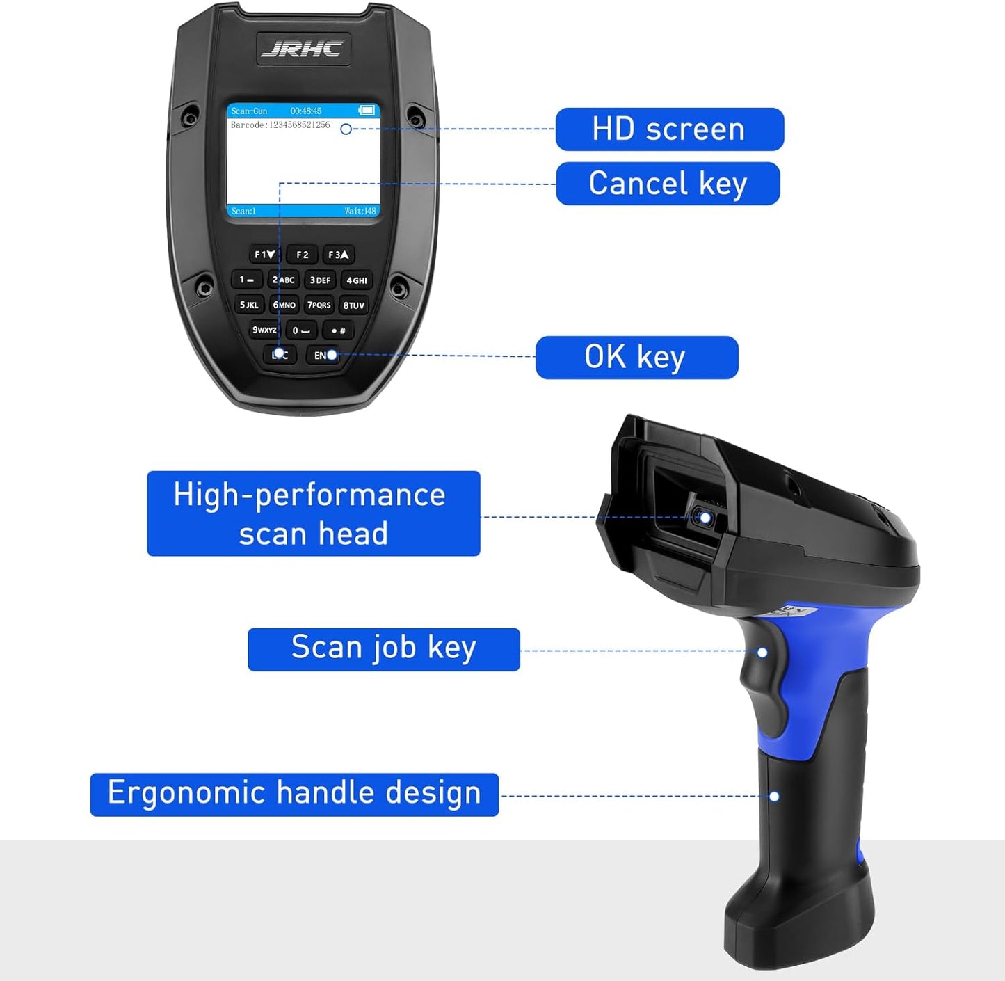 Inventory Scanner Wireless, JRHC 1D Laser Barcode Scanner with Charging Base Barcode Reader Data Terminal Data Collector 2- in -1 USB Connection & 2.4G Wireless Bar Code Scanners with Screen