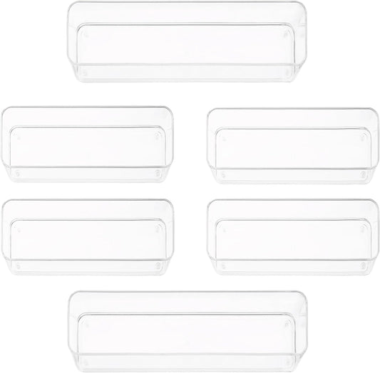 Six Pcs. Plastic Clear Drawer Organizers. Stackable Storage Trays for Kitchen Utensils and Silverware. 2 Sizes. Stackable