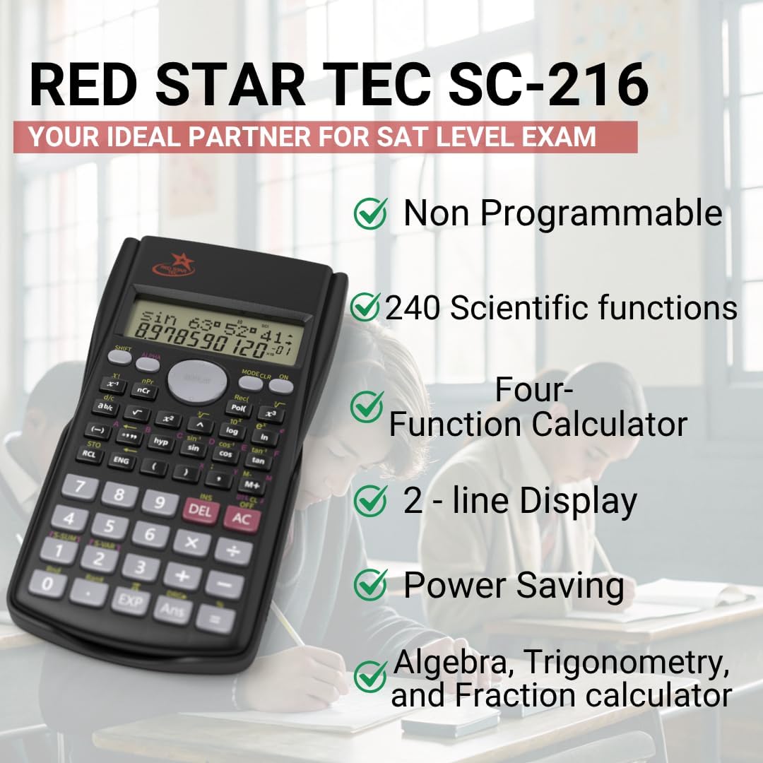SC 216 Non Graphing Scientific Calculator for School by Red Star Tec – Black Math Calculator with 240 Functions, SAT Exam Ready, 2-Line Display, Trigonometry, Algebra & Statistics Support