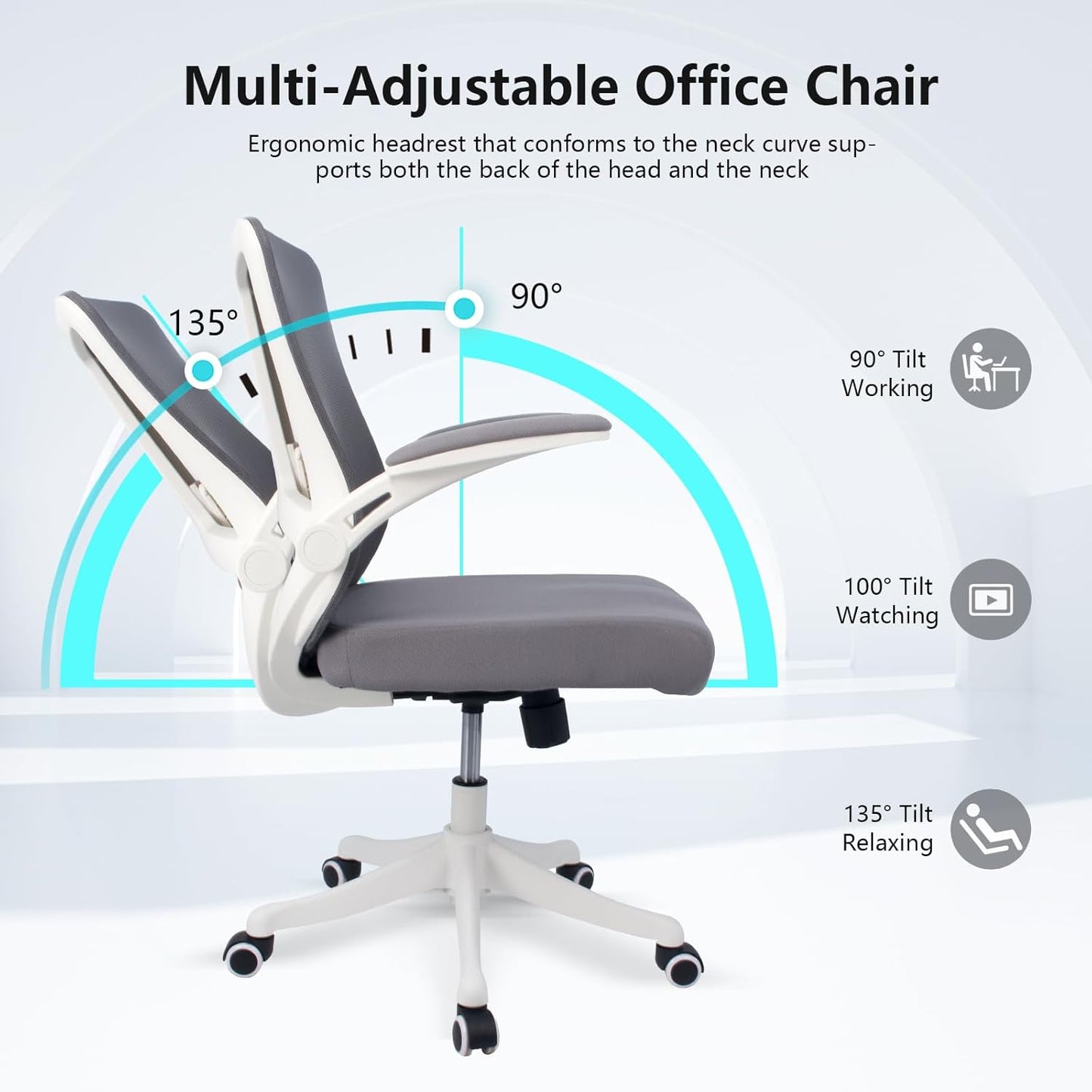 Ergonomic Comfort Home Desk Office Chair, Mid Back Computer Gaming Chair with Wheels, Adjustable Height, Lumbar Support, Flip-up Armrest with 350LBS Capacity (White Grey)