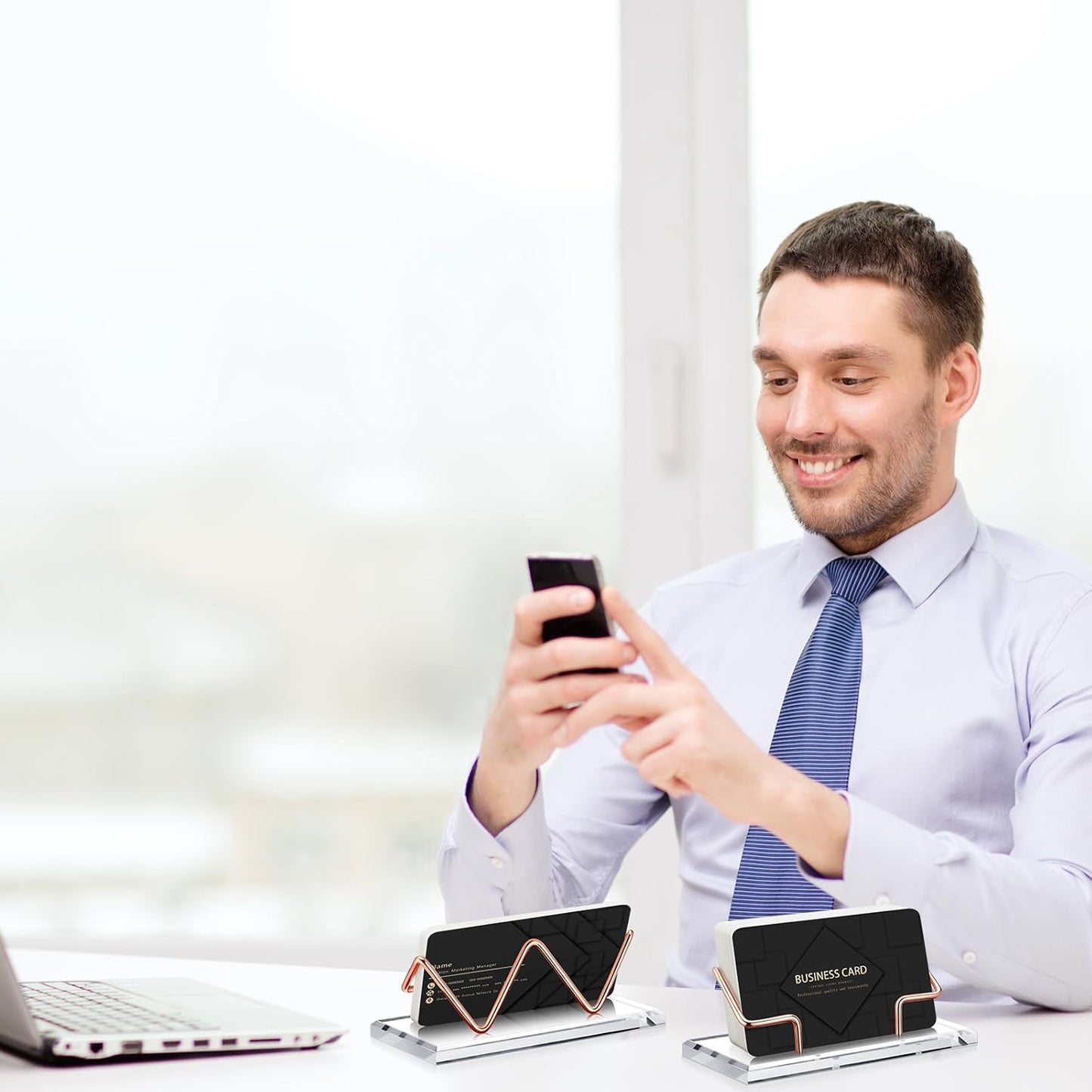 Amyhill 2 Pieces Acrylic Business Card Holder for Desk Clear Horizontal Business Card Display Stand Postcard Holder for Office Home Desktop (Rose Gold)