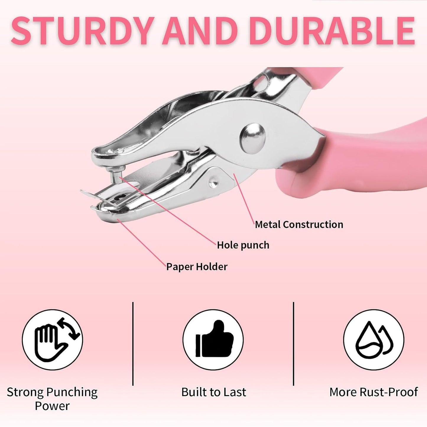 Single Hole Punch, 2 Pcs Hand Hole Puncher with Soft Grip Handle, 1/4" and 1/8" Small Hole Paper Punch for Crafts, Scrapbooks, 6 Sheets Capacity, Tags, Tickets - Pink